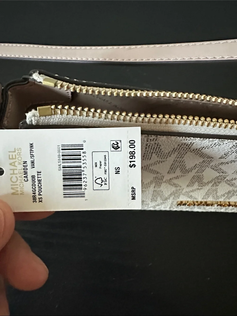 Michael Kors Light Beige Monogram Crossbody Bag with Pink Trim